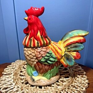Vintage Hand Painted Rooster Cookie Jar Tuscan Cottagecore French Country‎ 12"
